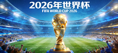 2026年世界杯官方宣传图，大力神杯与足球场